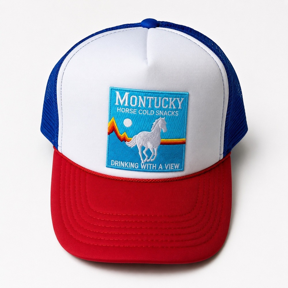 Montucky Horse Cold Snacks Trucker Hat Red White Blue Snapback Cap